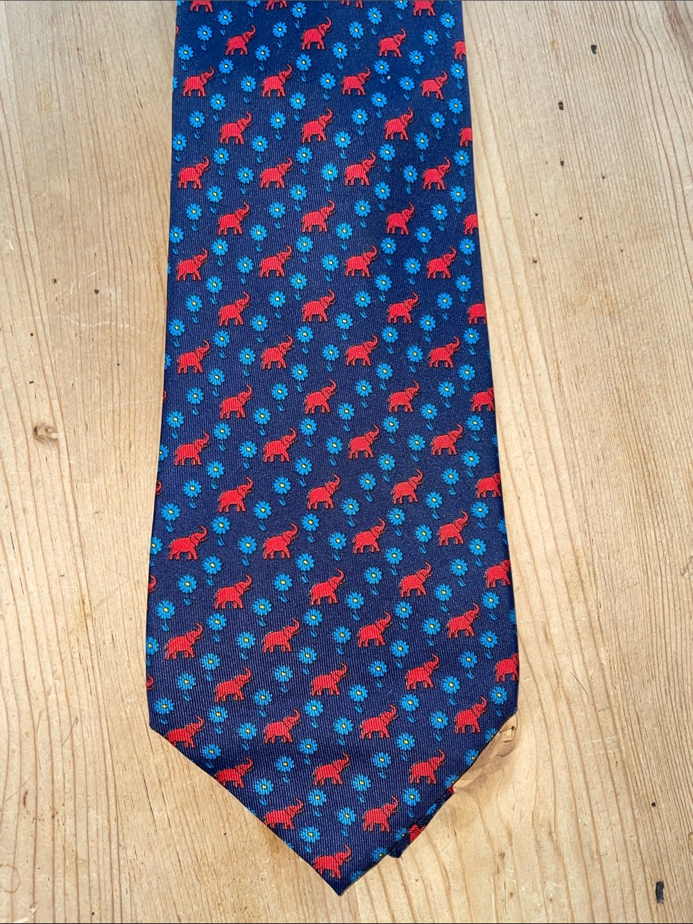 Fumagalli 100% Italian Silk Navy Tie with Red Elephant & Light Blue Accents